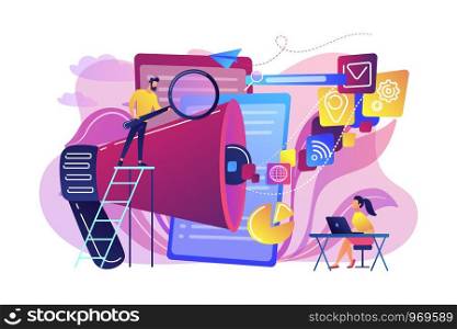 Business team with megaphone and media icons work on search engines optimization. Online marketing, seo tools concept on white background. Bright vibrant violet vector isolated illustration. Search engines optimization concept vector illustration.