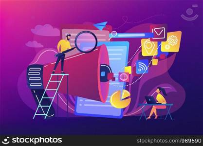 Business team with megaphone and media icons work on search engines optimization. Online marketing, seo tools concept on ultraviolet background. Bright vibrant violet vector isolated illustration. Search engines optimization concept vector illustration.