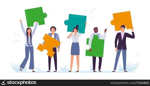 Business team with puzzle pieces. Office workers solve puzzle, employee cooperation and teamwork communication. Together cooperation solutions, teams brainstorming flat vector illustration. Business team with puzzle pieces. Office workers solve puzzle, employee cooperation and teamwork communication flat vector illustration