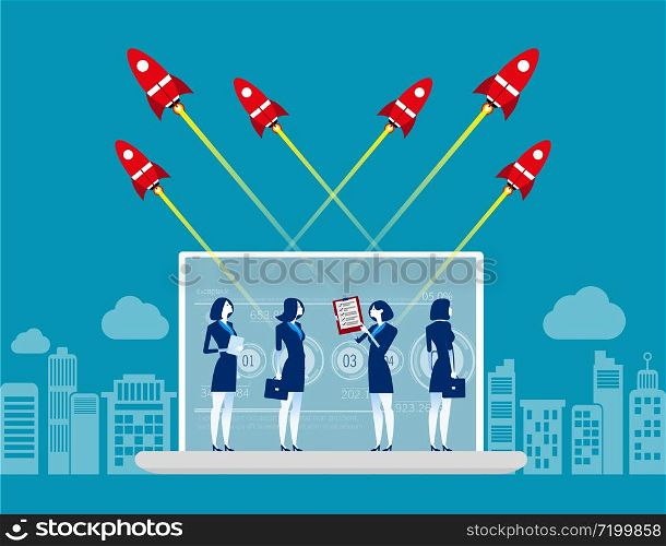 Business team with startup and technology online. Concept business vector illustration, Technology, Computer, Analysis.