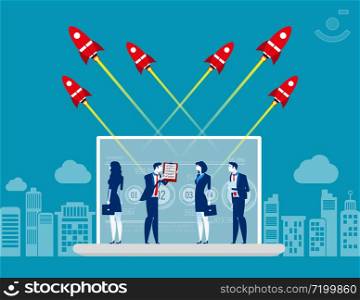 Business team with startup and technology online. Concept business vector illustration, Technology, Computer, Analysis.