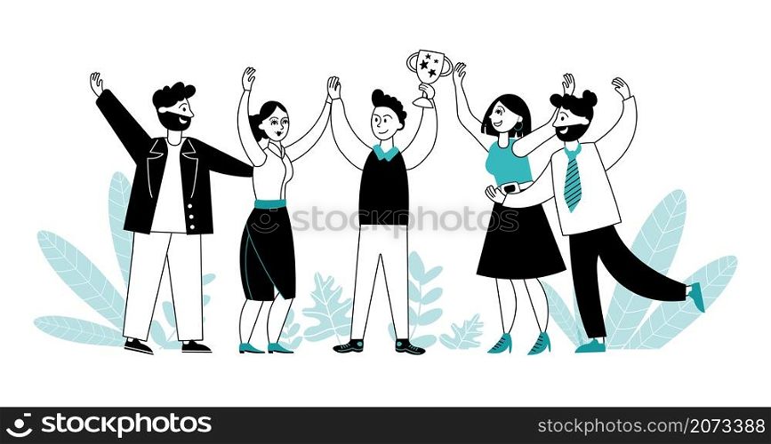 Business team with trophy. Flat people reward, achieving or success of employees. Victory celebration, office winners group decent vector concept. Illustration businessman leader and team with trophy. Business team with trophy. Flat people reward, achieving or success of employees. Victory celebration, office winners group decent vector concept