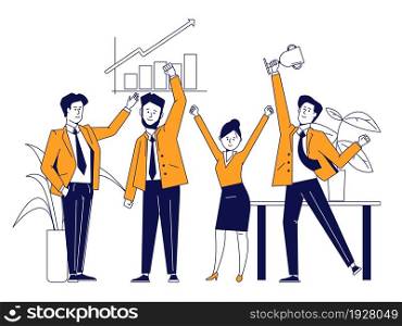 Business team with trophy. Success winning group, corporate win with award. Happy employee, office people and prize recent vector concept. Illustration of team business, teamwork success. Business team with trophy. Success winning group, corporate win with award. Happy employee, office people and prize recent vector concept