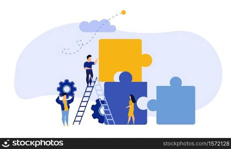 Business team work building puzzle concept vector illustration. People partnership man and woman challenge marketing corporate goal. Jigsaw piece cooperation character. Office banner unity part object