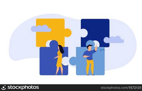 Business team work building puzzle concept vector illustration. People partnership man and woman challenge marketing corporate goal. Jigsaw piece cooperation character. Office banner unity part object