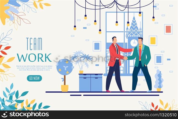 Business Team Work Startup, Online Service Flat Vector Web Banner, Landing Page Template with Businessmen, Company Leaders, Ceos Handshaking in Office, Celebrating Successful Partnership Illustration