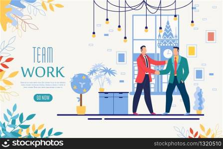 Business Team Work Startup, Online Service Flat Vector Web Banner, Landing Page Template with Businessmen, Company Leaders, Ceos Handshaking in Office, Celebrating Successful Partnership Illustration