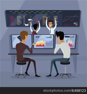 Business Team Work Success Concept Vector. Business team work success concept. Online trading. Brokerage trading on the stock exchange vector in flat style design. Group of businessmen enjoys success deal on stock market illustration.