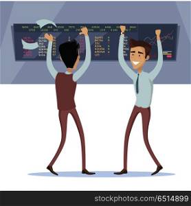 Business Team Work Success Concept Vector. Business team work success concept. Online trading. Brokerage trading on the stock exchange vector in flat style design. Two businessman s enjoys success deal on stock market illustration.