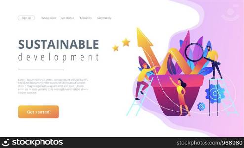 Business team work with growth chart in flower pot. Sustainable development and business growth, evolution and progress concept on white background. Website vibrant violet landing web page template.. Business growth concept landing page.