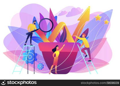 Business team work with growth chart in flower pot. Sustainable development and business growth, evolution and progress concept on white background. Bright vibrant violet vector isolated illustration. Business growth concept vector illustration.