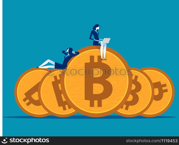Business team working and relaxed on bitcoin. Concept business vector illustration.