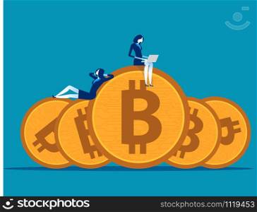 Business team working and relaxed on bitcoin. Concept business vector illustration.