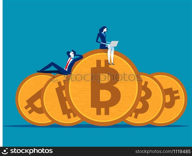 Business team working and relaxed on bitcoin. Concept business vector illustration.. Business team working and relaxed on bitcoin. Concept business vector illustration.