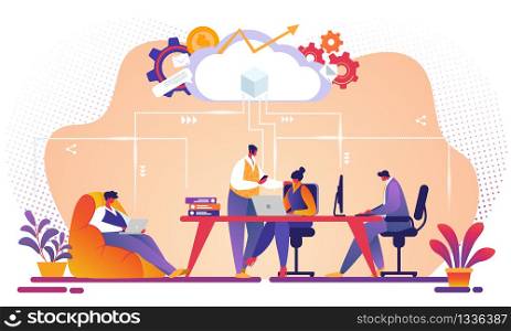 Business Team Working and Talking Together on IT Startup Business Using Wireless Cloud Computing Service. Characters Upload and Download Information Using Repository. Cartoon Flat Vector Illustration.. Business Team Working Together Using Cloud Service