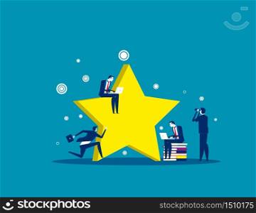 Business team working around big stars. Concept business vector, Rating, Review, Feedback.