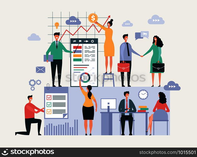 Business team working. Office managers businessmen make together some group work vector abstract oversize characters. Illustration of office group woman and man teamwork meeting. Business team working. Office managers businessmen make together some group work vector abstract oversize characters