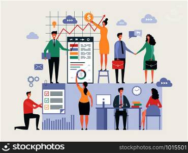 Business team working. Office managers businessmen make together some group work vector abstract oversize characters. Illustration of office group woman and man teamwork meeting. Business team working. Office managers businessmen make together some group work vector abstract oversize characters
