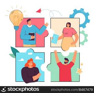 Business team working on project online via Internet. Flat vector illustration. Puzzle with people connecting and communicating on social media, in video chat. Partnership, teamwork, web concept