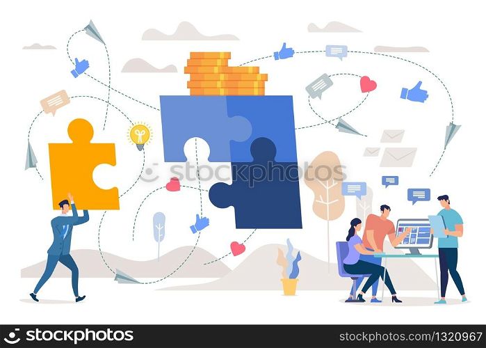 Business Team Working Together in Office, Planning Company Growth, Developing Digital Marketing Strategy Flat Vector Concept. Partners Cooperating to Find Solution illustration. Startup financing