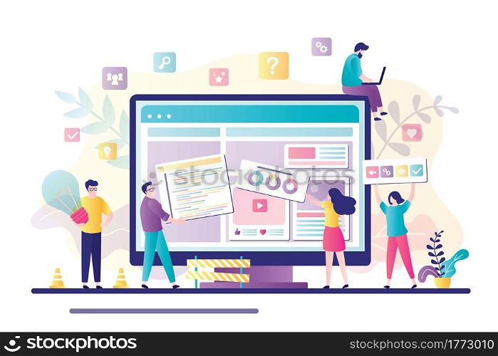 Business team working together on web page design. People building website interface on computer. Web development, teamwork, new internet project. Characters in trendy style. Flat vector illustration. Business team working together on web page design. People building website interface on computer. Web development, teamwork,