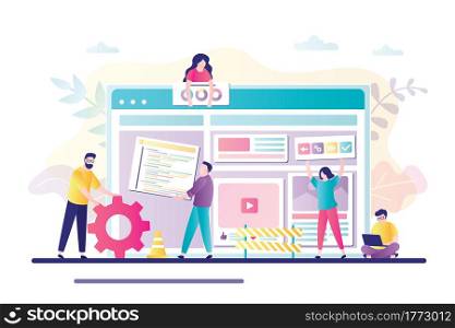 Business team working together on web page design. People building website interface on computer. Concept of website builder, development,teamwork. Characters in trendy style. Flat vector illustration. Business team working together on web page design. People building website interface on computer