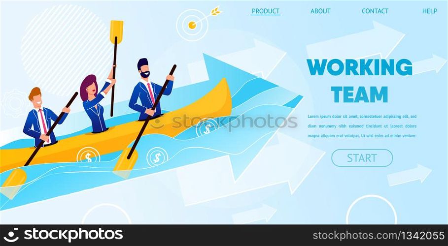 Business Team Working Together Rowing Boat Across Ocean along with Arrow Growing Up. Team Working People Characters Floating to Success Metaphor. Cartoon Flat Vector Illustration. Horizontal Banner. Business Team Work Together Rowing Boat in Ocean