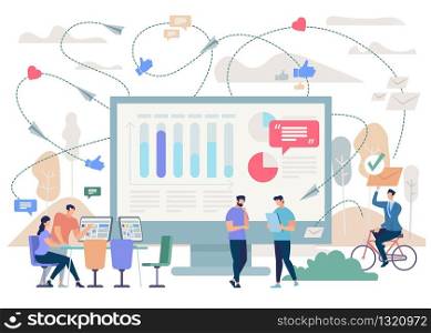 Business Teams Communication in Internet, Company Strategy Planning, Financial Indicators Analyzing Flat Vector Concept with Business People Messaging Online, Working Together in Office Illustration