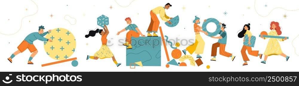 Business teamwork and cooperation concept. People team hold abstract geometric shapes and work together. Vector flat illustration of collaboration and partnership. Business teamwork and cooperation concept