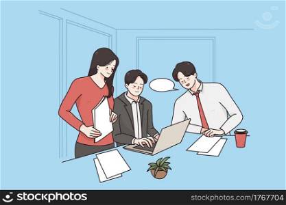 Business teamwork, brainstorm, discussion concept. Group of business partners workers colleagues discussing business development strategy in office on laptop speaking vector illustration . Business teamwork, brainstorm, discussion concept