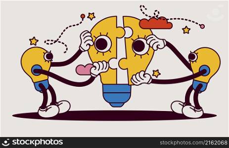 Business teamwork building lightbulb puzzle vector work illustration concept. Person businessman cooperation together jigsaw piece. Man and woman group unity fit part shape. Job support partner design