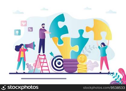 Business teamwork, concept banner. Businesspeople holds puzzle parts. Huge idea bulb, brainstorming. Creative employees thinking about new successful project. Trendy style vector illustration