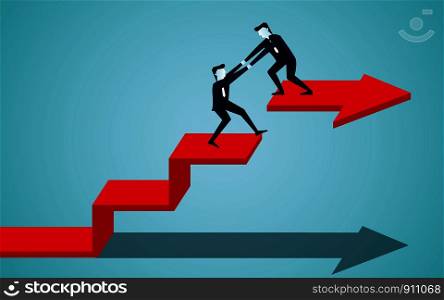 Business teamwork concept. businessman is helping to pull one more person up to on the red ladder arrow. to achieve the ultimate goal. illustration cartoon vector