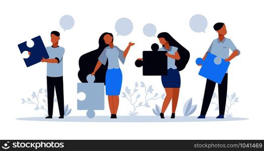 Business teamwork concept. Cartoon people with puzzle elements, teamwork collaboration and people connection vector illustration. Corporate work office connecting together team for promotion company. Business teamwork concept. Cartoon people with puzzle elements, teamwork collaboration and people connection vector illustration