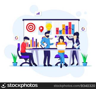 Business teamwork concept, Co-working in meeting and presentation flat vector illustration