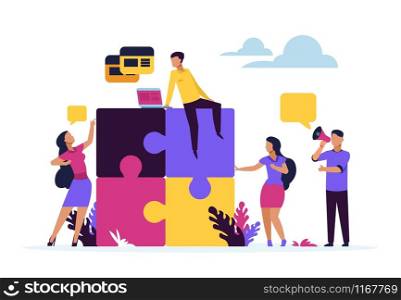 Business teamwork concept. Puzzle elements with cartoon business people, metaphor of partnership and collaboration. Vector design connected corporate team working over idea creative image. Business teamwork concept. Puzzle elements with cartoon business people, metaphor of partnership and collaboration. Vector design