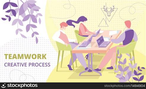 Business Teamwork Creative Process Flat Vector Banner or Poster. Company Employees, Business Partners, Meeting in Office, Planing Work Strategy, Brainstorming for Successful Business Idea Illustration