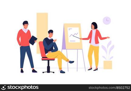 Business teamwork. Employees having presentation or training with flip chart stand. Office workers brainstorming on project, discussing analytics. Colleagues having conversation vector. Business teamwork. Employees having presentation or training with flip chart stand. Office workers brainstorming