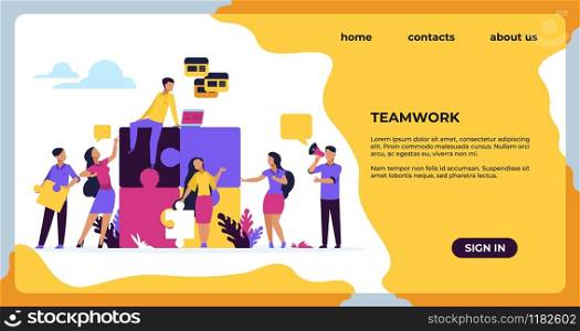 Business teamwork landing page. Puzzle elements with business people, leadership and collaboration. Vector web page construction team strategy for business development. Business teamwork landing page. Puzzle elements with business people, leadership and collaboration. Vector web page