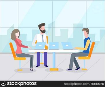 Business teamwork, man and woman workers using laptop at table, office with panoramic window. Colleagues discussing work, corporate strategy vector. Colleagues Working with Laptop, Business Vector