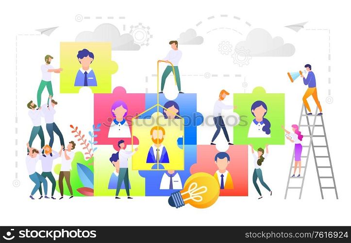 Business teamwork. People working together vector, isolated workers standing on ladder helping each other and building community of professionals, team leaders with puzzles. Team building concept. Team Building, Teambuilding People Workers Set