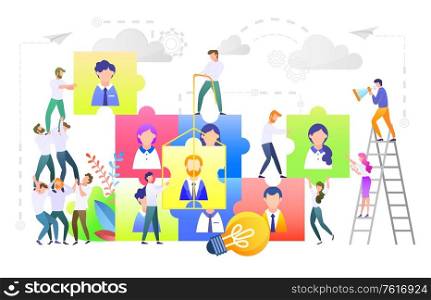 Business teamwork. People working together vector, isolated workers standing on ladder helping each other and building community of professionals, team leaders with puzzles. Team building concept. Team Building, Teambuilding People Workers Set