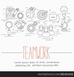 business teamwork symbols. Line style vector illustration design concept of teamwork.