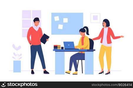 Business teamwork, woman works at laptop and boss. Teamwork professional in office, presentation to colleague, collaboration together, vector illustration. Business teamwork, woman works at laptop and boss