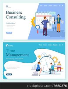 Business tech of company consulting and management, startup and stages of development. System analysis, principles and knowledge online vector. Website or webpage template, landing page flat style. Company Strategy, Consulting and Management Vector
