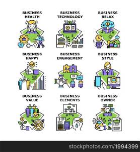 Business Technology Set Icons Vector Illustrations. Business Technology And Elements, Happy Owner And Style, Health And Relax, Value And Engagement. Businessman Occupation Color Illustrations. Business Technology Set Icons Vector Illustrations