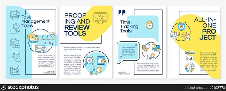 Business technology tools yellow and blue brochure template. Booklet print design with linear icons. Vector layouts for presentation, annual reports, ads. Arial-Black, Myriad Pro-Regular fonts used. Business technology tools yellow and blue brochure template