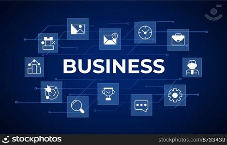 Business technology word concept design template with icons. Infographics with text and editable white glyph pictograms. Vector illustration for web banner, presentation. Montserrat font used. Business technology word concept design template with icons