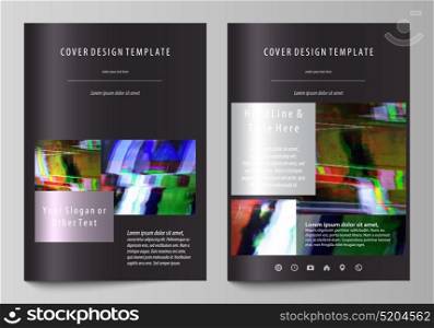 Business template for brochure, flyer, report. Cover design, abstract vector layout in A4 size. Glitched background made of colorful pixel mosaic. Digital decay, signal error, television fail. Business templates for brochure, magazine, flyer, booklet or annual report. Cover design template, easy editable vector, abstract flat layout in A4 size. Glitched background made of colorful pixel mosaic. Digital decay, signal error, television fail.