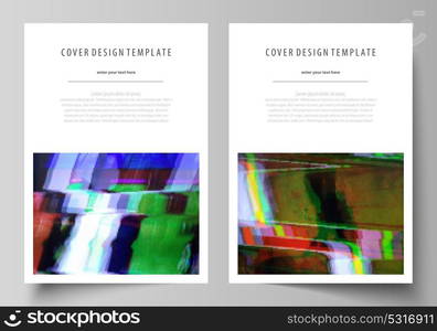 Business template for brochure, flyer, report. Cover design, abstract vector layout in A4 size. Glitched background made of colorful pixel mosaic. Digital decay, signal error, television fail. Business templates for brochure, magazine, flyer, booklet or annual report. Cover design template, easy editable vector, abstract flat layout in A4 size. Glitched background made of colorful pixel mosaic. Digital decay, signal error, television fail.